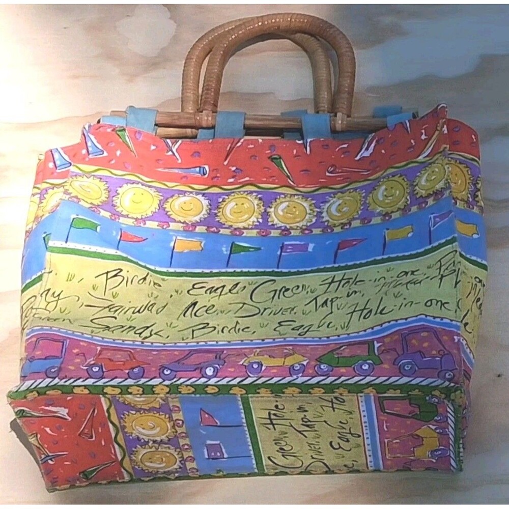 Vintage Golf Print Tote Bag Bamboo Handles Novelty Resort Beach Travel Ousby